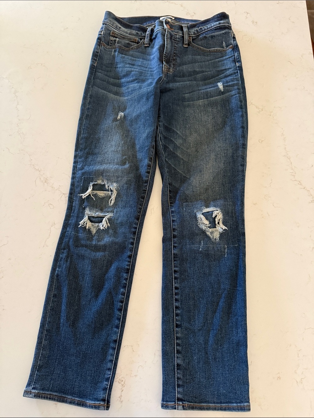 J. Crew Distressed Straight-Leg Jeans in Dark Blue